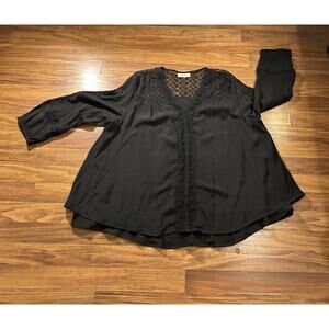 Style & Co Black Boho Peasant Top Blouse Sheer Lace Crochet Trim Long Sleeve XL